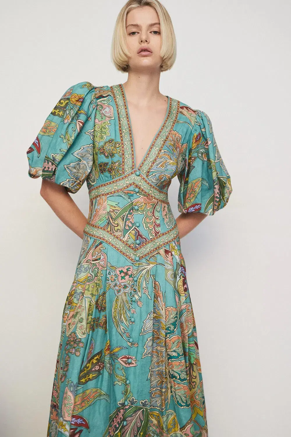 Alemais Franca Linen Midi Dress Green Multi Size AU 12 for rent on The Volte - main image