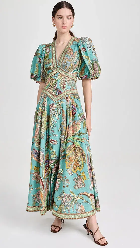 Alemais Franca Linen Midi Dress Green Multi Size AU 12 for rent on The Volte - main image