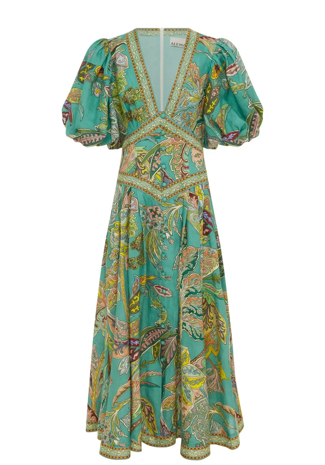 Alemais Franca Linen Midi Dress Green Multi Size AU 12 for rent on The Volte - main image