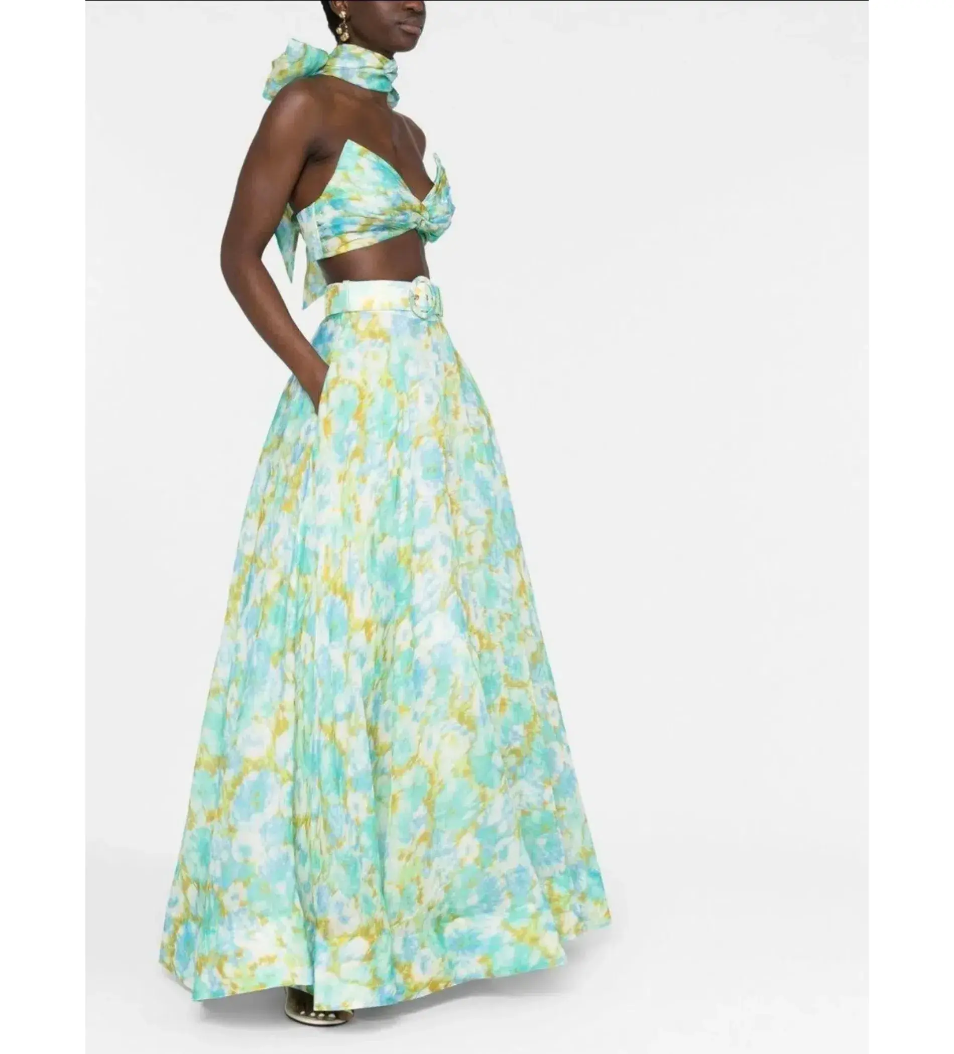 Zimmermann High Tide Twist Crop Bodice & Maxi Skirt Set In Aqua Ikat Floral Size 1 / Au 10 - Image 2