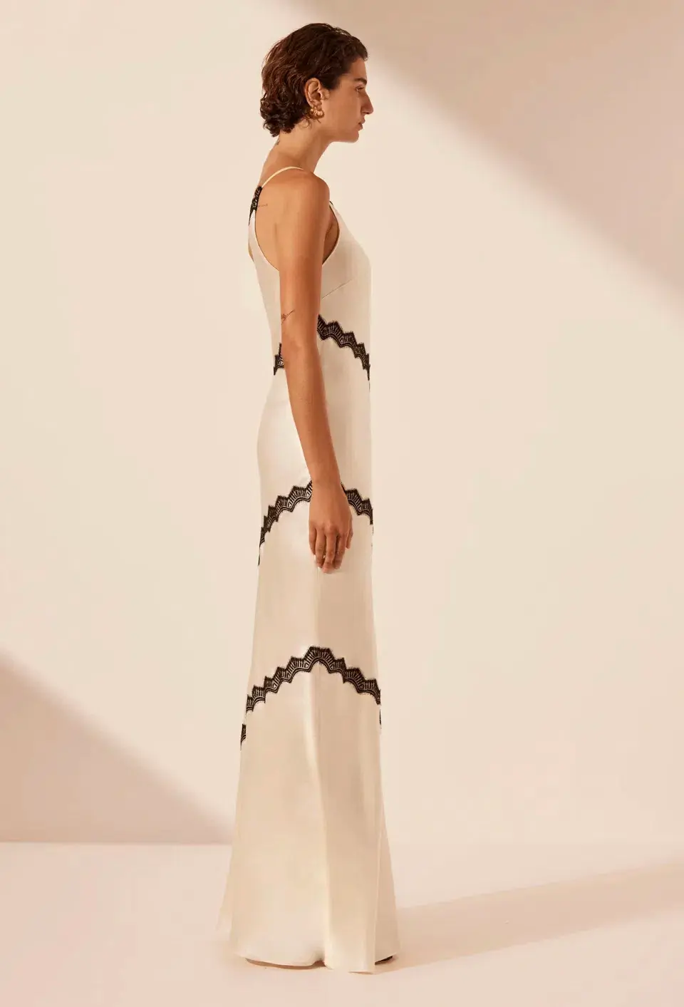 Shona Joy Camille Lace Asymmetrical Maxi Dress in Cream/Black Size 10 for rent on The Volte - main image