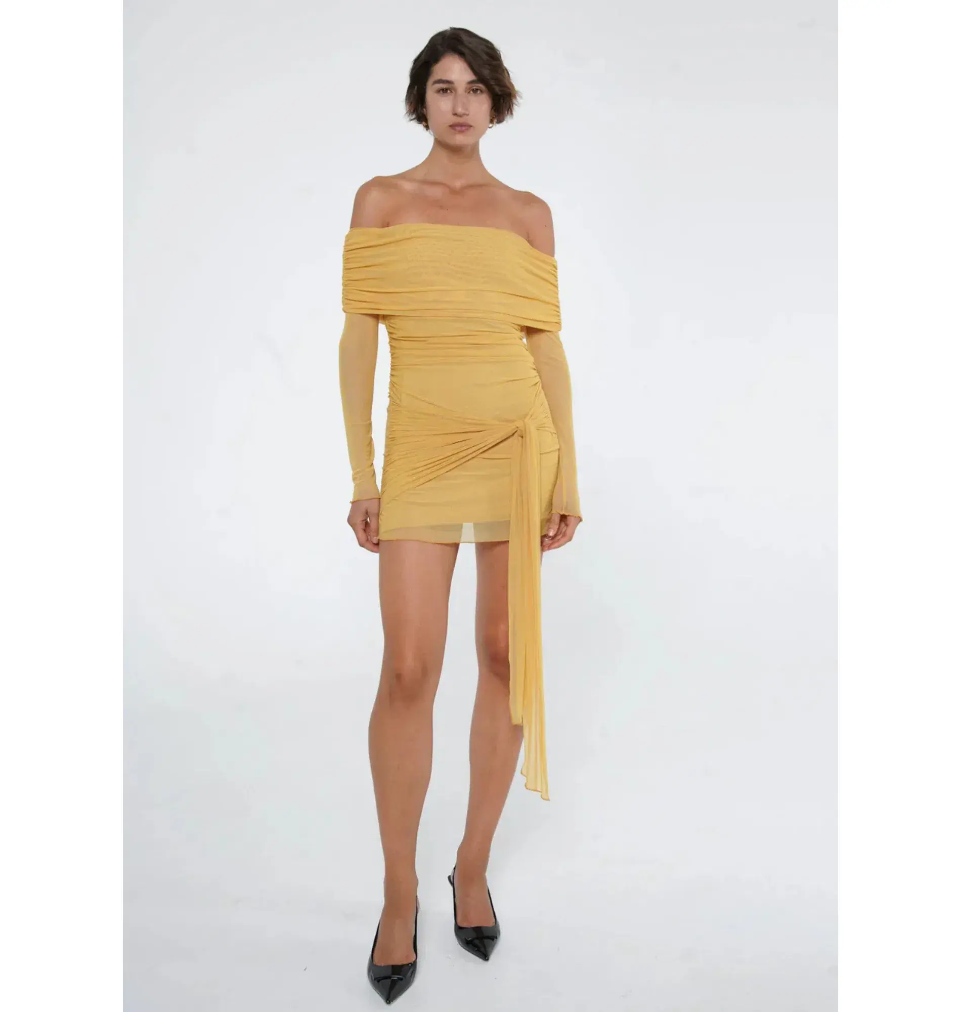 Benni Yasmin Off Shoulder Mini Dress Mustard Size AU 10 - Image 1