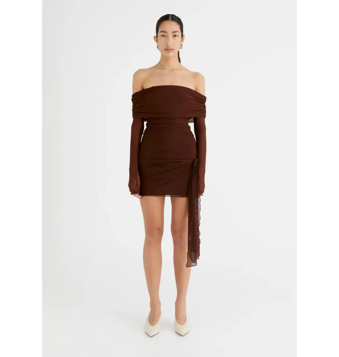 Benni Yasmin Off Shoulder Mini Dress Cacao Size AU 8  for rent on The Volte - main image