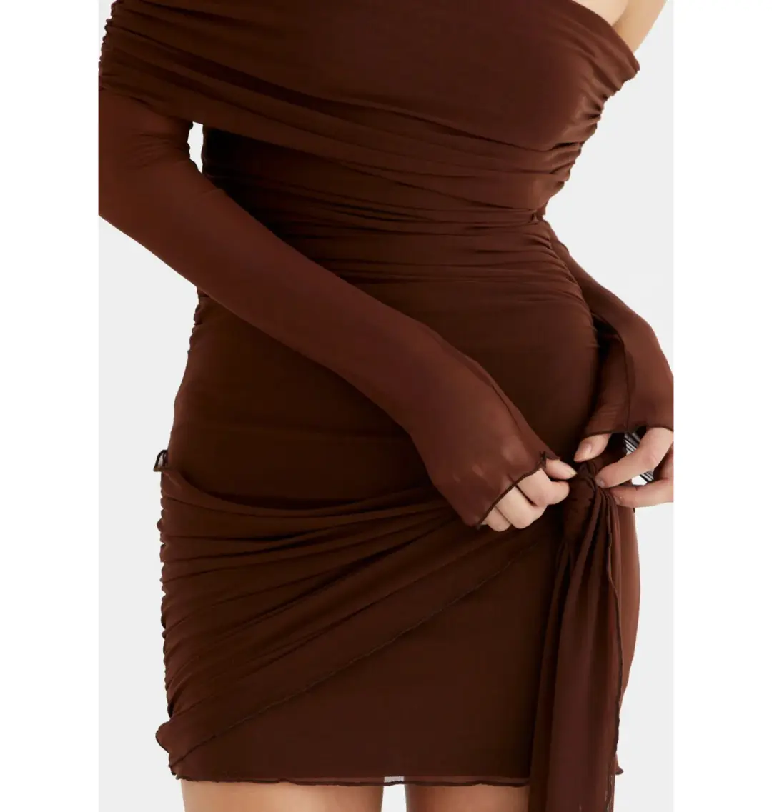 Benni Yasmin Off Shoulder Mini Dress Cacao Size AU 8  for rent on The Volte - main image
