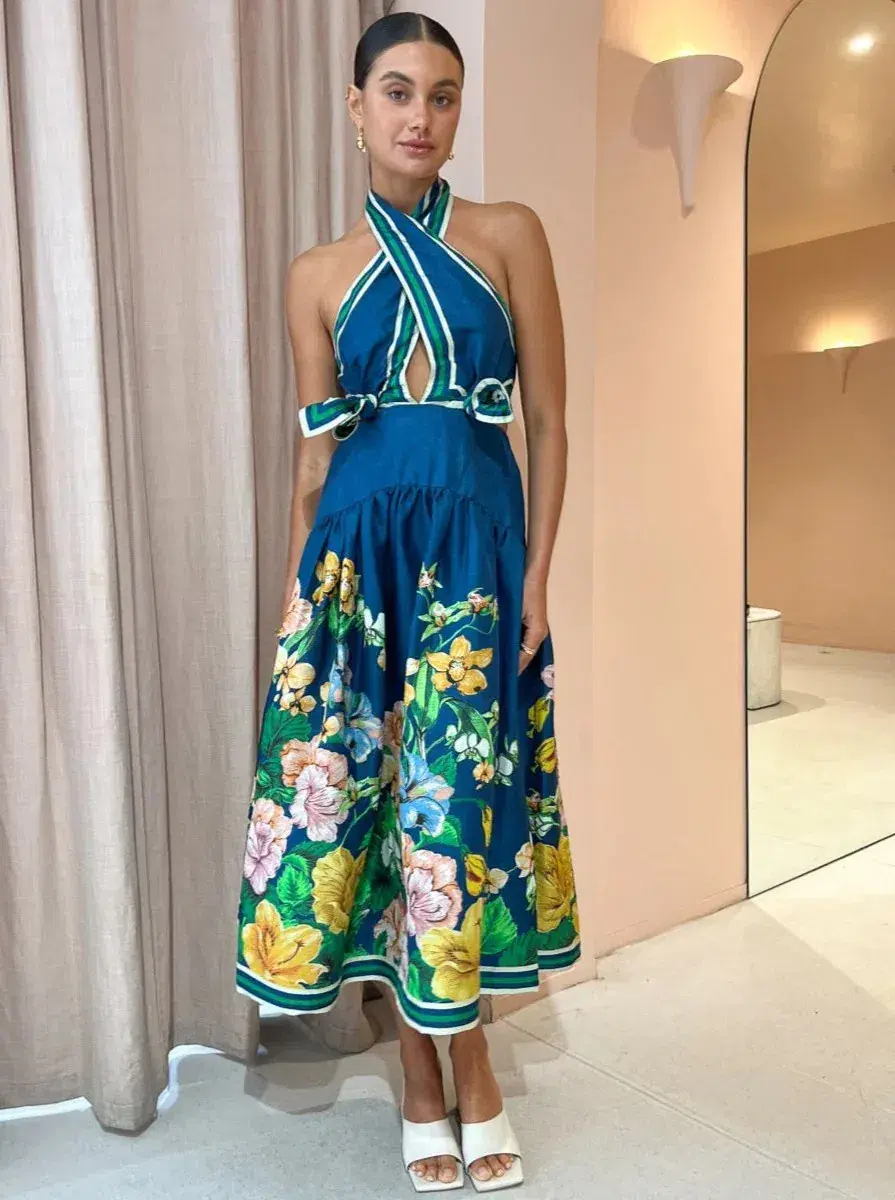 Alemais Lyla Halter Midi Dress Navy Floral Size AU 6  for rent on The Volte - main image