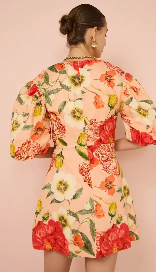 By Nicola Bolero Gathered Mini Dress in Raspberry Punch Floral Size AU 8  for rent on The Volte - main image