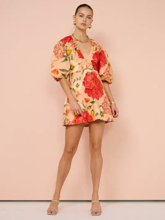 By Nicola Bolero Gathered Mini Dress in Raspberry Punch Floral Size AU 8  - Image 1
