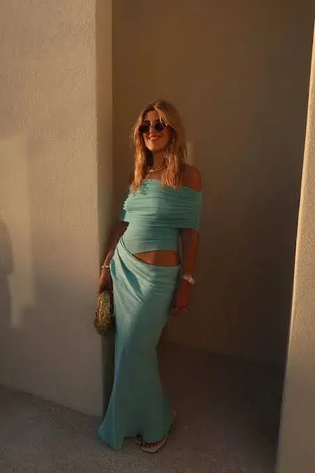 Benni Nico Off Shoulder Maxi Dress Aquamarine Size 8 for rent on The Volte - main image