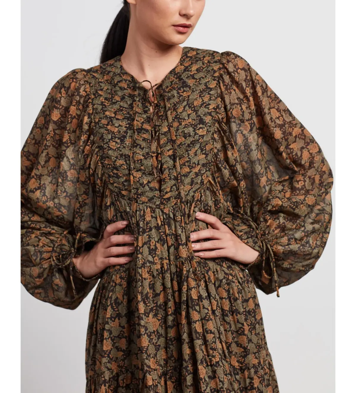 Shona Joy Francine Pin Tuck Balloon Sleeve Midi Dress Print Size 12 - Image 2