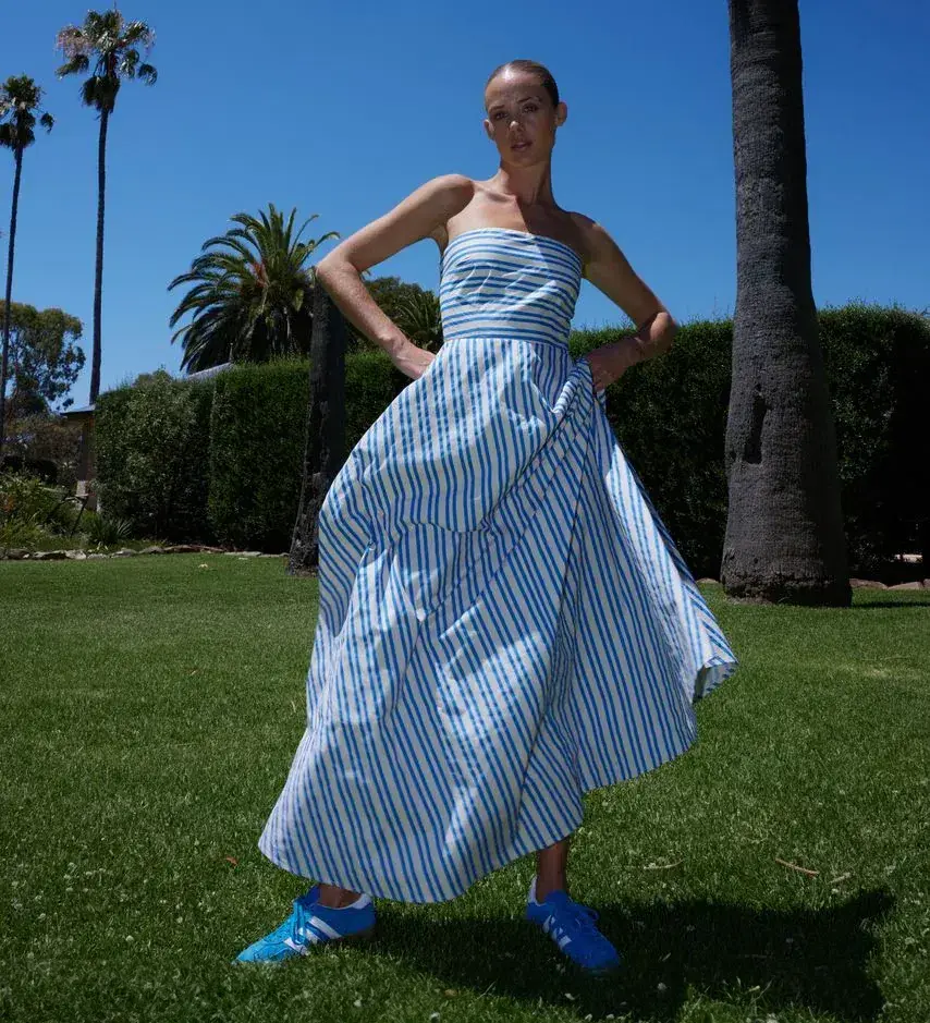 Aston Studio Hazel Maxi Dress Sapphire/Antique Stripe Size 14 for rent on The Volte - main image