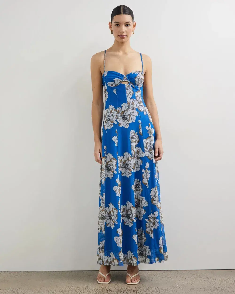 Lover Cleo Bustier Mesh Maxi Dress Blue Floral Size 10 for rent on The Volte - main image