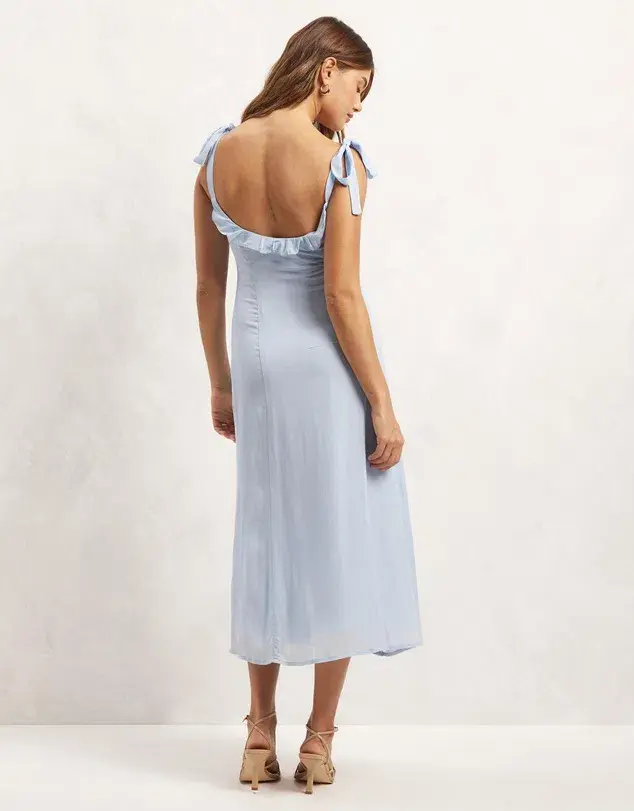 Aere Ruffle Tie Shoulder Midi Dress Pale Blue Size 10 - Image 3