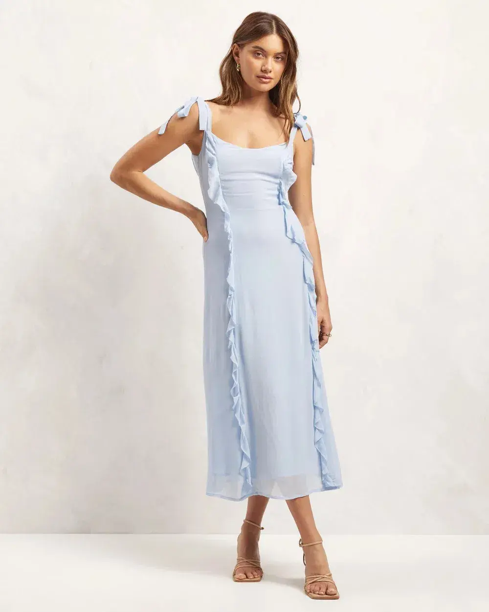 Aere Ruffle Tie Shoulder Midi Dress Pale Blue Size 10 - Image 1