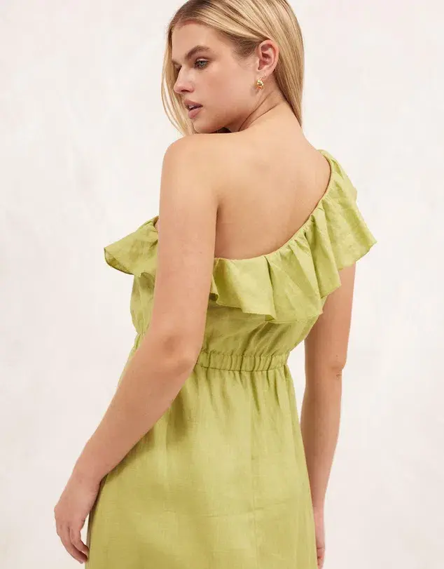 Aere Linen One Shoulder Midi Dress Bay Leaf Green Size 8 - Image 3