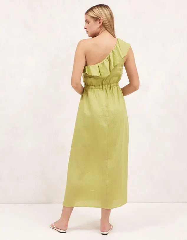 Aere Linen One Shoulder Midi Dress Bay Leaf Green Size 8 - Image 4