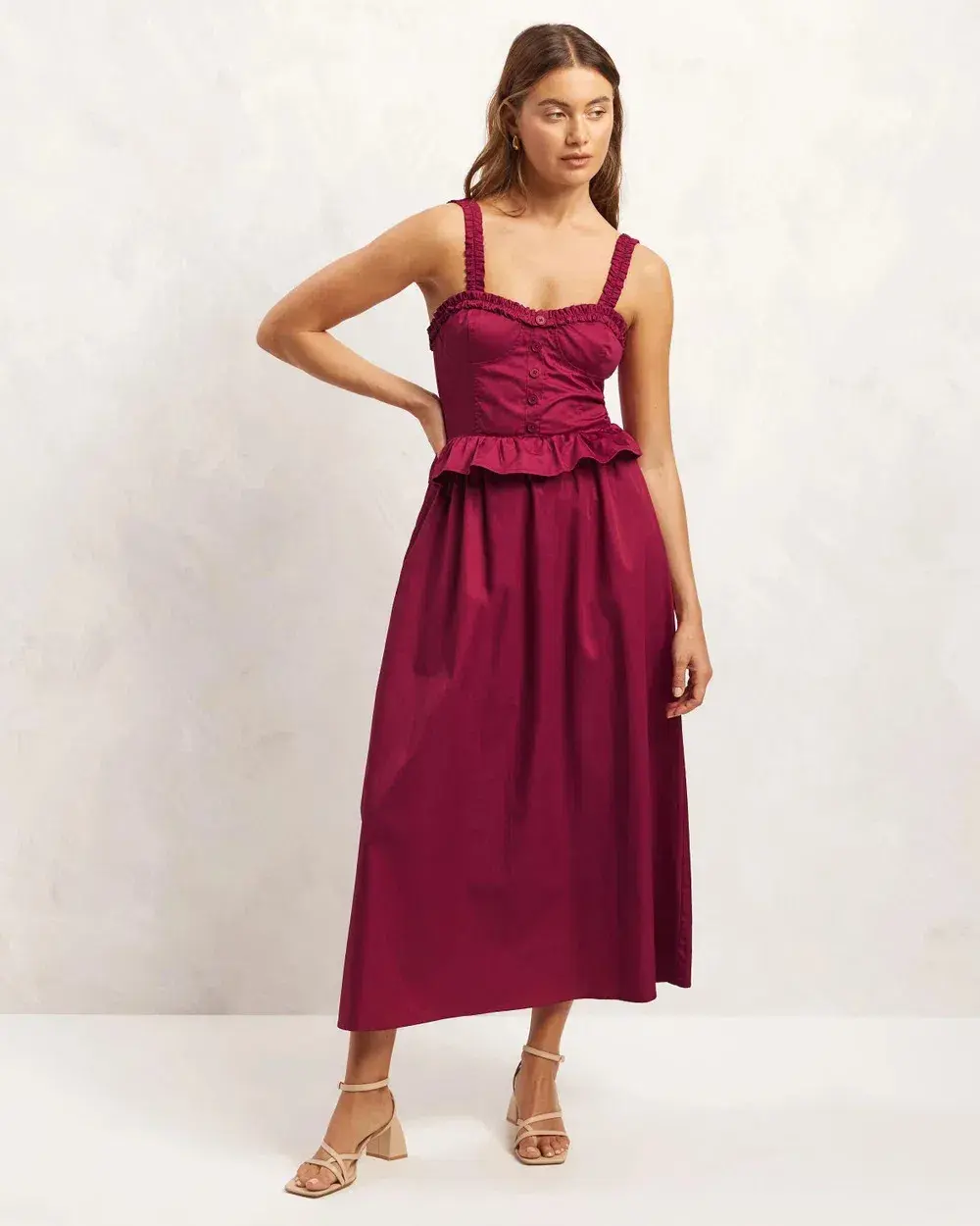 Aere Organic Cotton Peplum Midi Dress Black Cherry Size 8 - Image 1