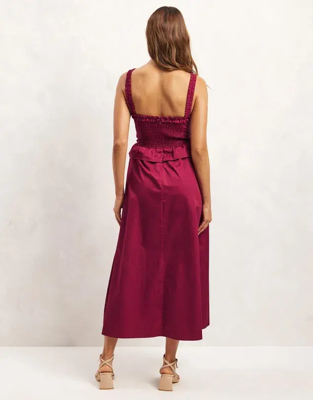 Aere Organic Cotton Peplum Midi Dress Black Cherry Size 8 - Image 3