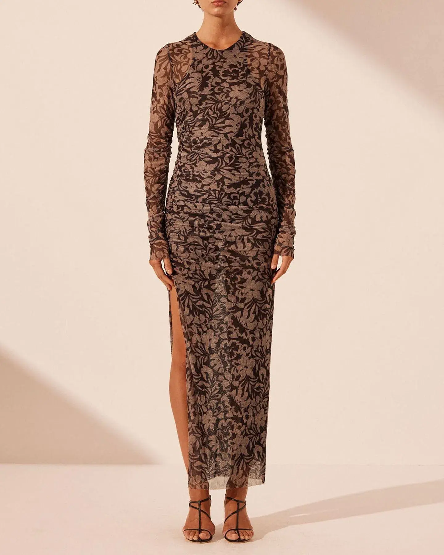 Shona Joy Zoe Long Sleeve Gathered Midi Dress Black/Sand Floral Print Size L / AU 12 - Image 2