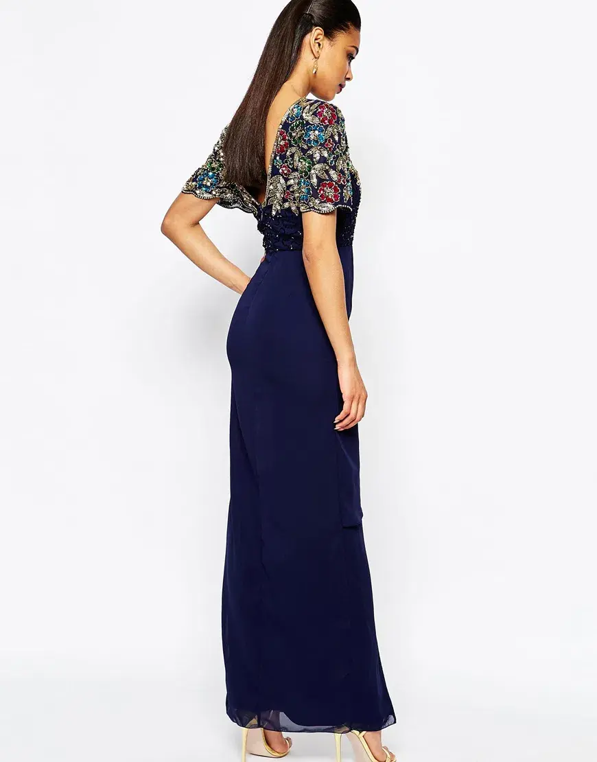 Virgos Lounge Ariann Embellished Maxi Navy Dress With Frill Wrap Skirt Navy Size AU 6 - Image 4