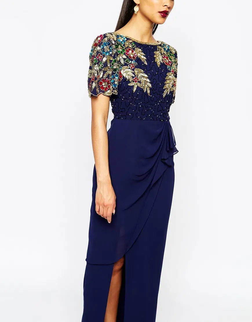 Virgos Lounge Ariann Embellished Maxi Navy Dress With Frill Wrap Skirt Navy Size AU 6 - Image 3