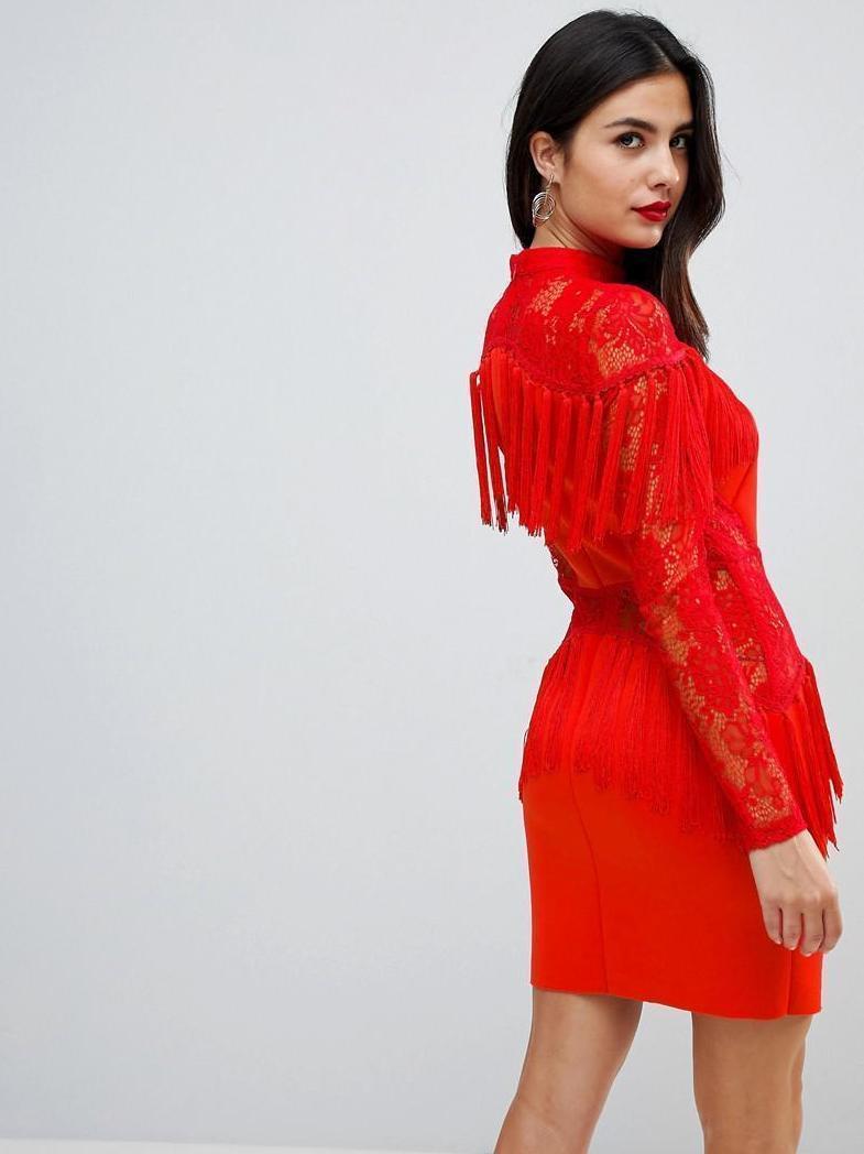 Ultimate Fringe Long Sleeve Lace Red Mini Dress Size 6 - Image 1