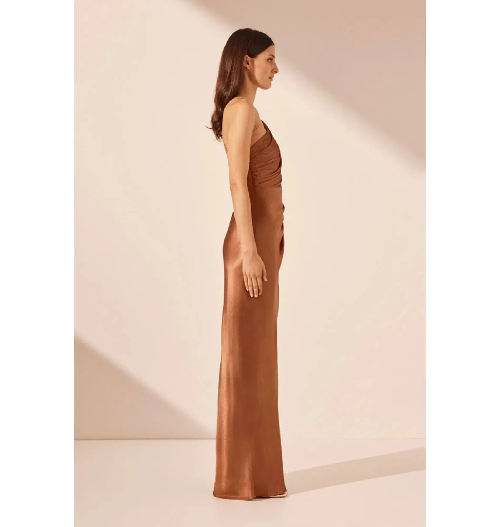 Shona Joy La Lune Asymmetrical Gathered Maxi Dress Almond Size AU 10 - Image 4