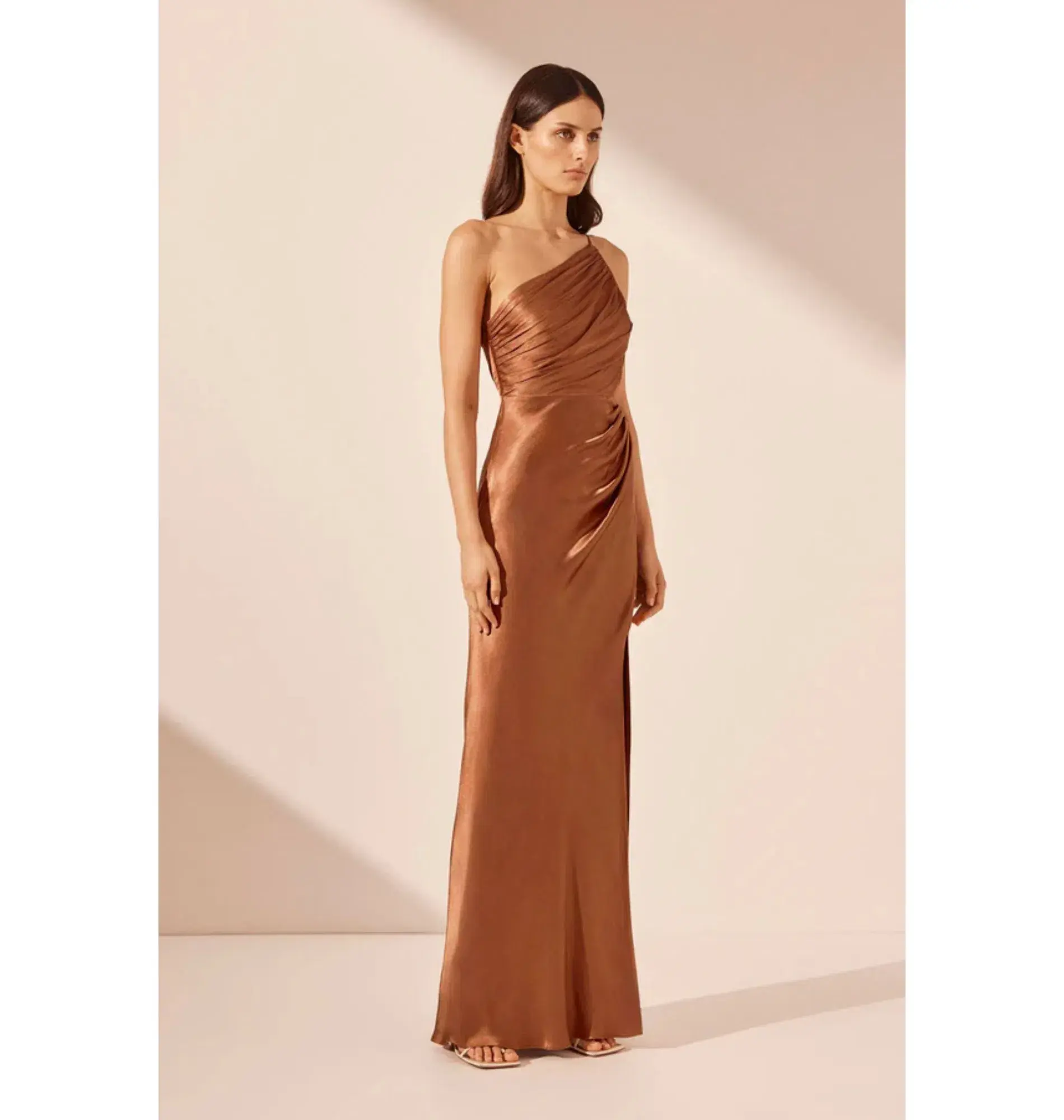 Shona Joy La Lune Asymmetrical Gathered Maxi Dress Almond Size AU 10 - Image 3