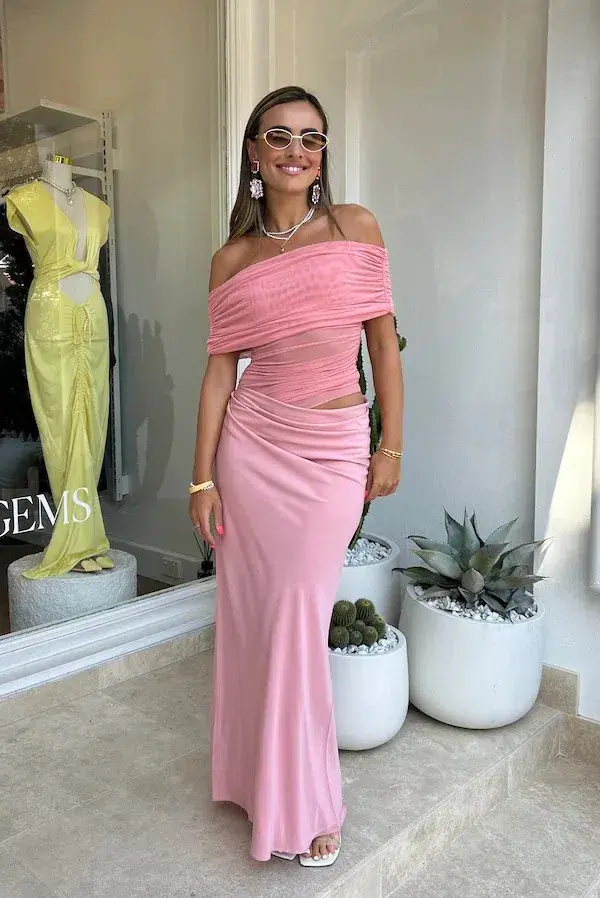 Benni Nico Off Shoulder Maxi Dress Candyfloss Pink Size 8  - Image 1