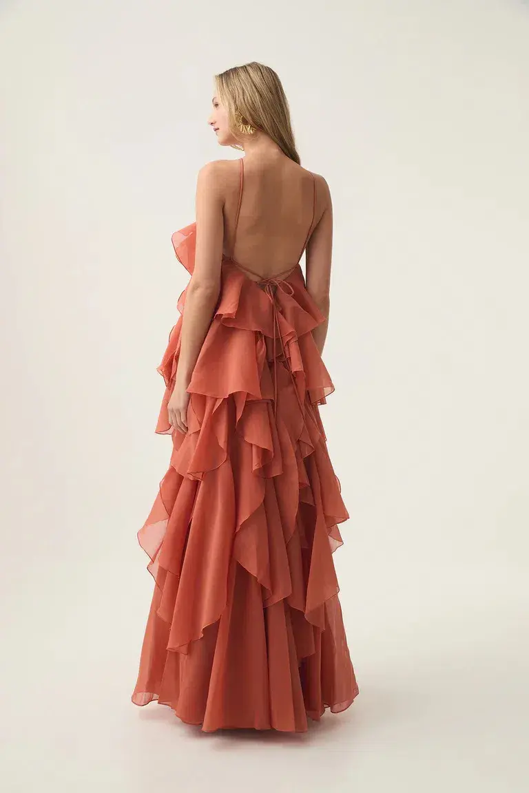 Aje Pandorea Layered Maxi Dress Coral Clay Size 8 for rent on The Volte - main image