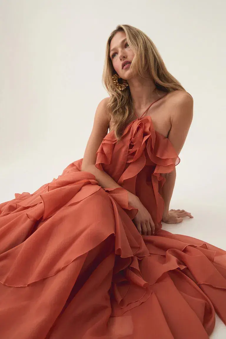 Aje Pandorea Layered Maxi Dress Coral Clay Size 8 for rent on The Volte - main image