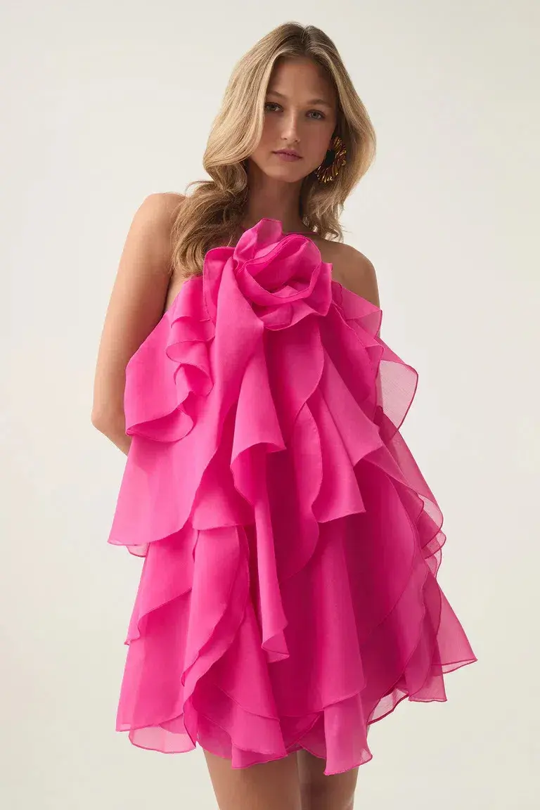 Aje Pandorea Layered Mini Dress Fuchsia Rose Size 8 for rent on The Volte - main image