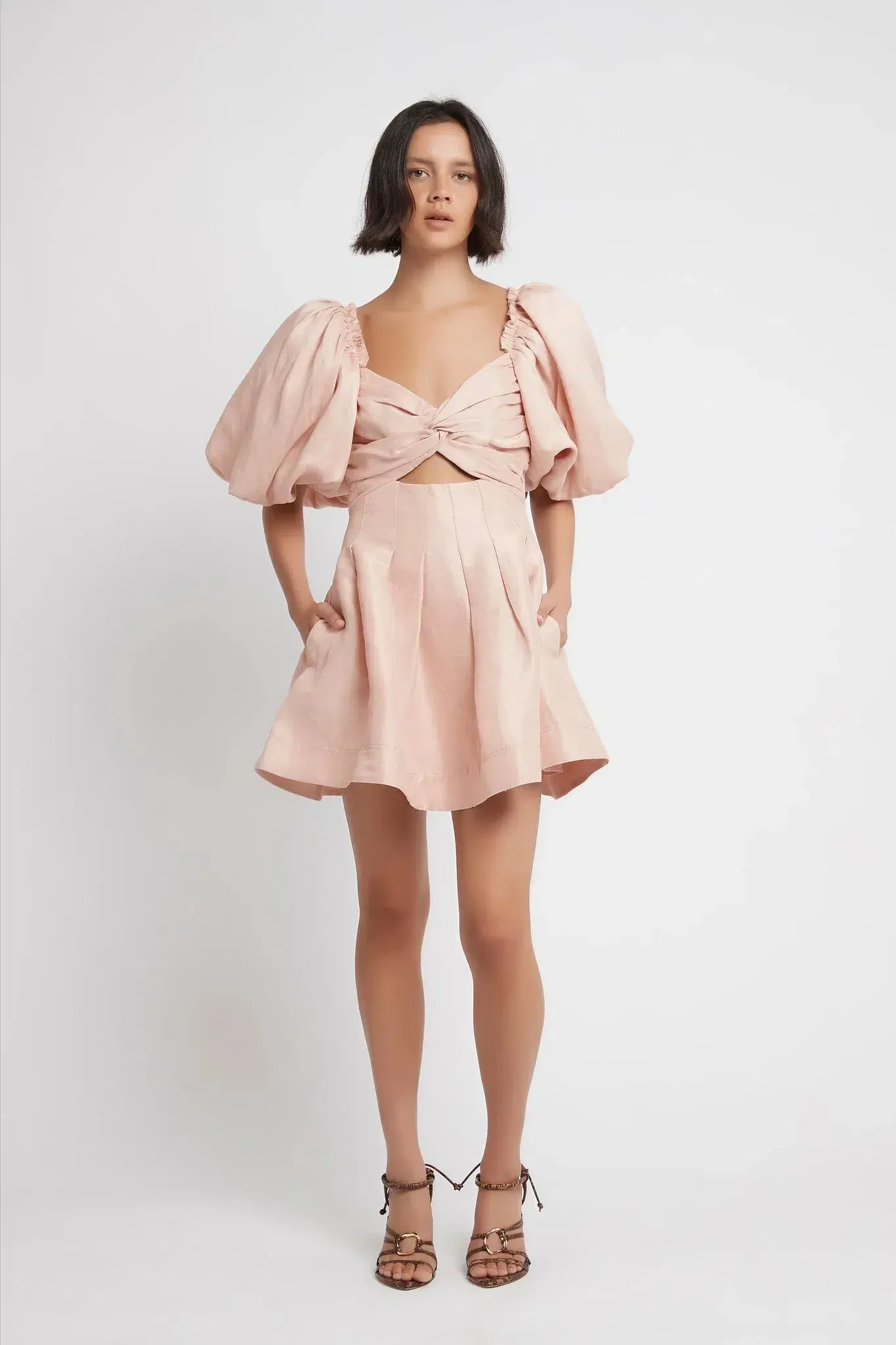 Aje Dusk Knot Puff Sleeve Mini Dress in Pale Pink Size AU 6 - Image 1