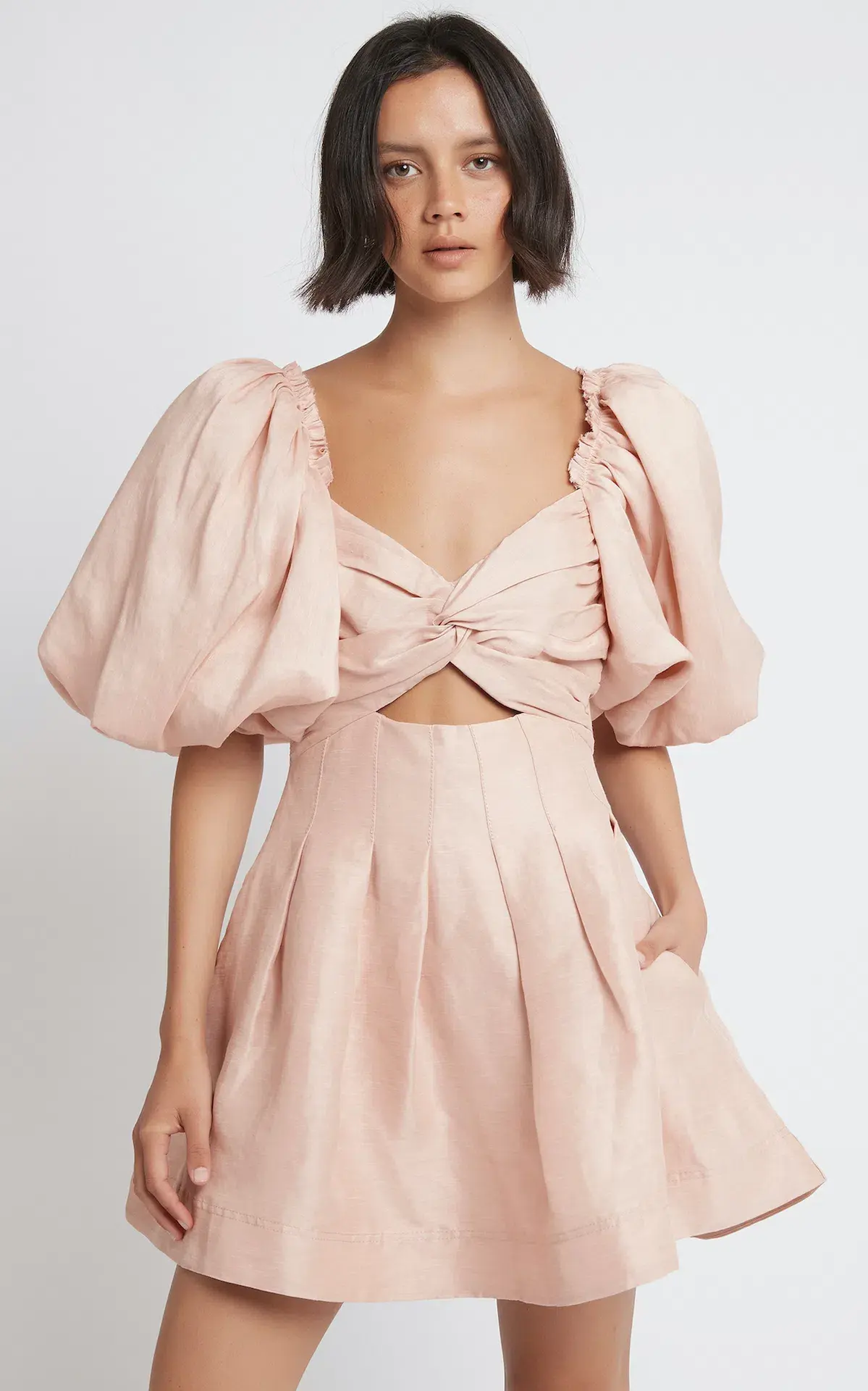 Aje Dusk Knot Puff Sleeve Mini Dress in Pale Pink Size AU 6 - Image 2