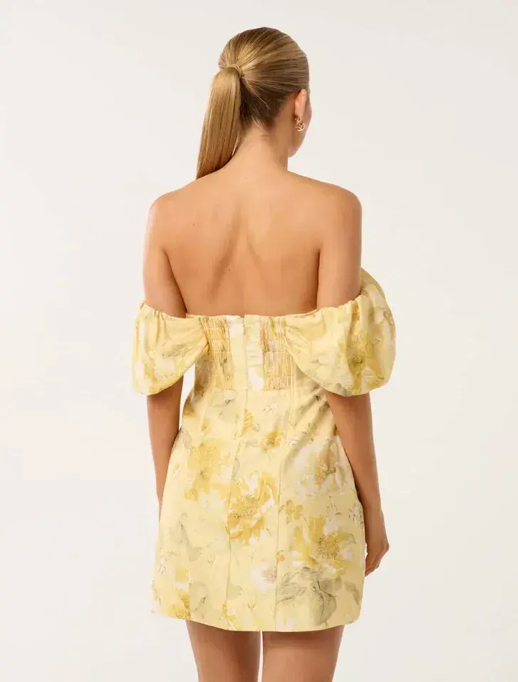 Forever New Jacquie Off Shoulder Mini Dress Gold Layla Botanical Size AU 12 - Image 2