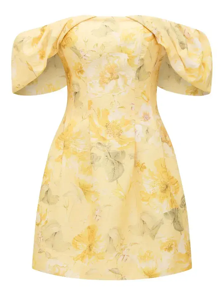 Forever New Jacquie Off Shoulder Mini Dress Gold Layla Botanical Size AU 12 - Image 3