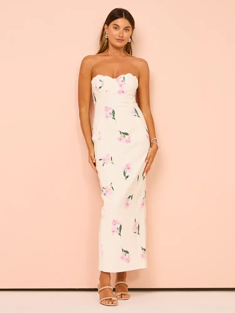 Issy Scalloped Bodice Midi Dress In Rose Print AU 14 - Image 1
