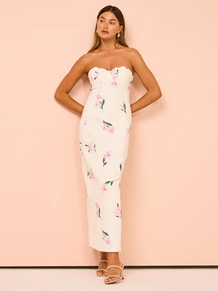Issy Scalloped Bodice Midi Dress In Rose Print AU 14 - Image 6