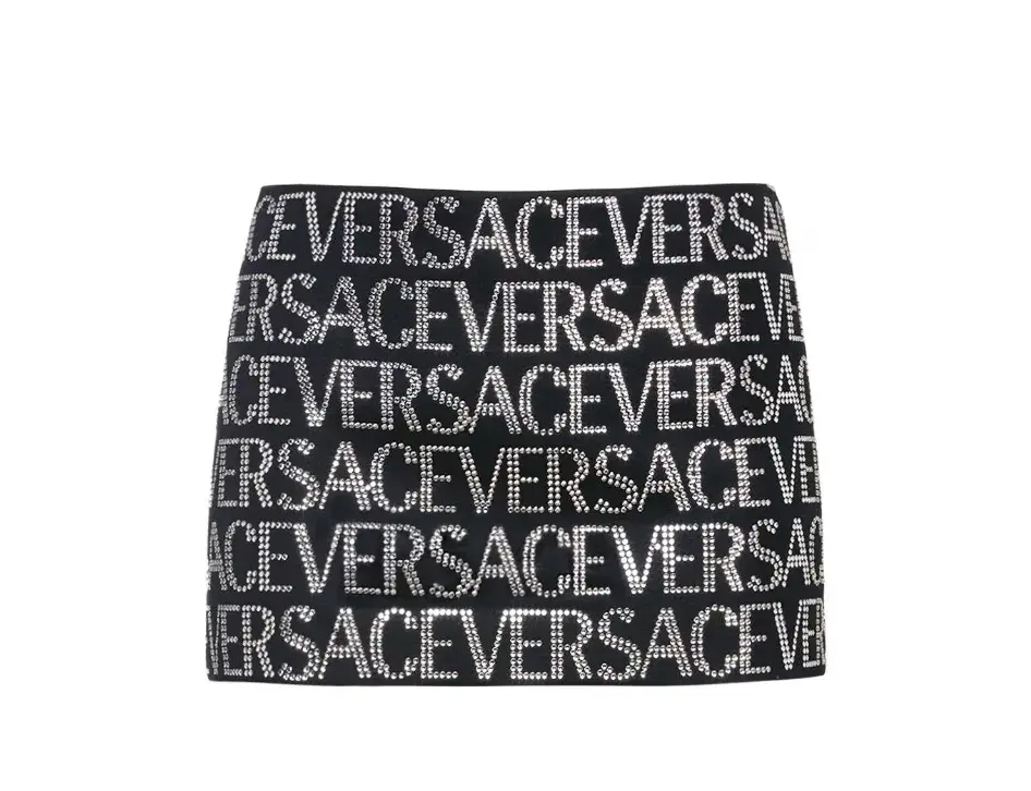 Versace Embellished Logo Wool Mini Skirt In Black/Silver Size 8  - Image 4