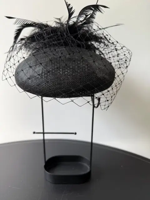 Morgan and Taylor Straw Beret Millinery with Feathers and Veil Black One Size  - Image 1