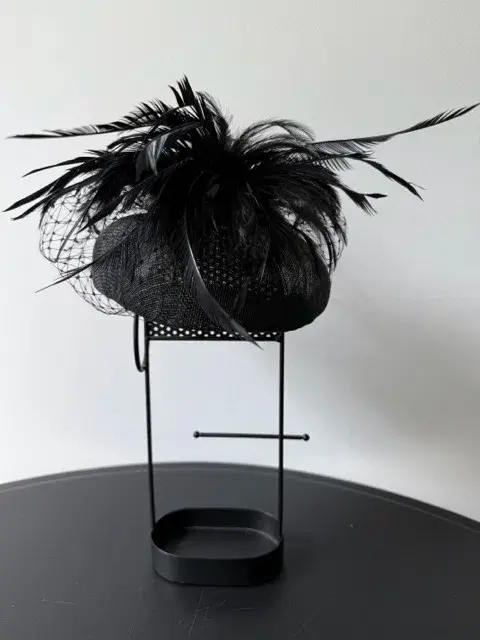 Morgan and Taylor Straw Beret Millinery with Feathers and Veil Black One Size  - Image 3