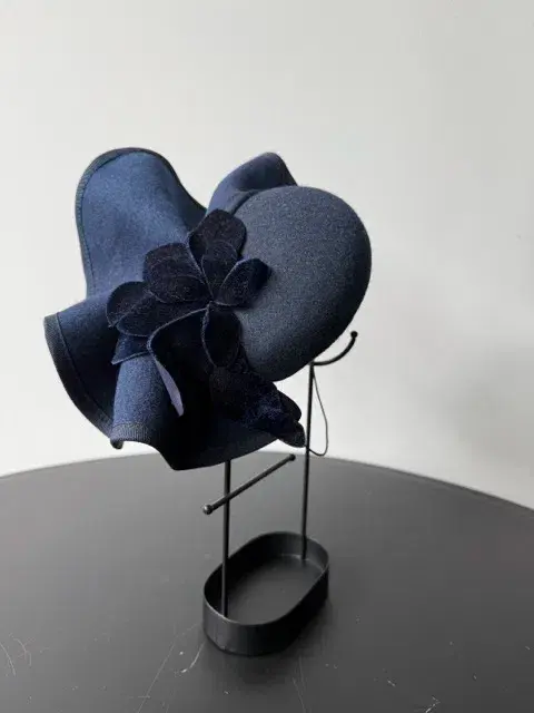 Felted Wool Headpiece with Sculptural Detail and Floral Velvet Adornment Navy One Size - Image 2