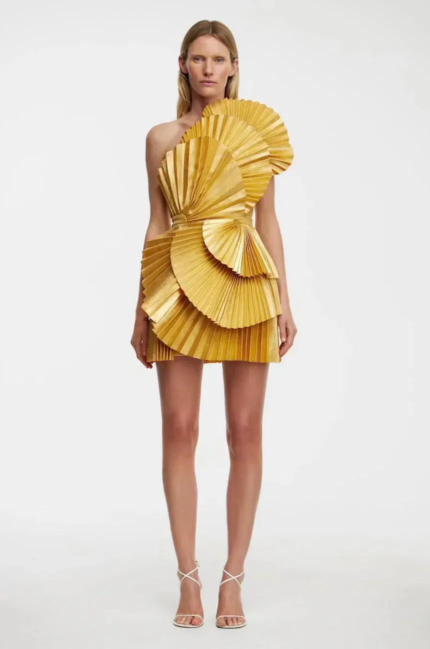 Acler Abbotsford Mini Dress in Honey Gold Metallic Size 12 for rent on The Volte - main image