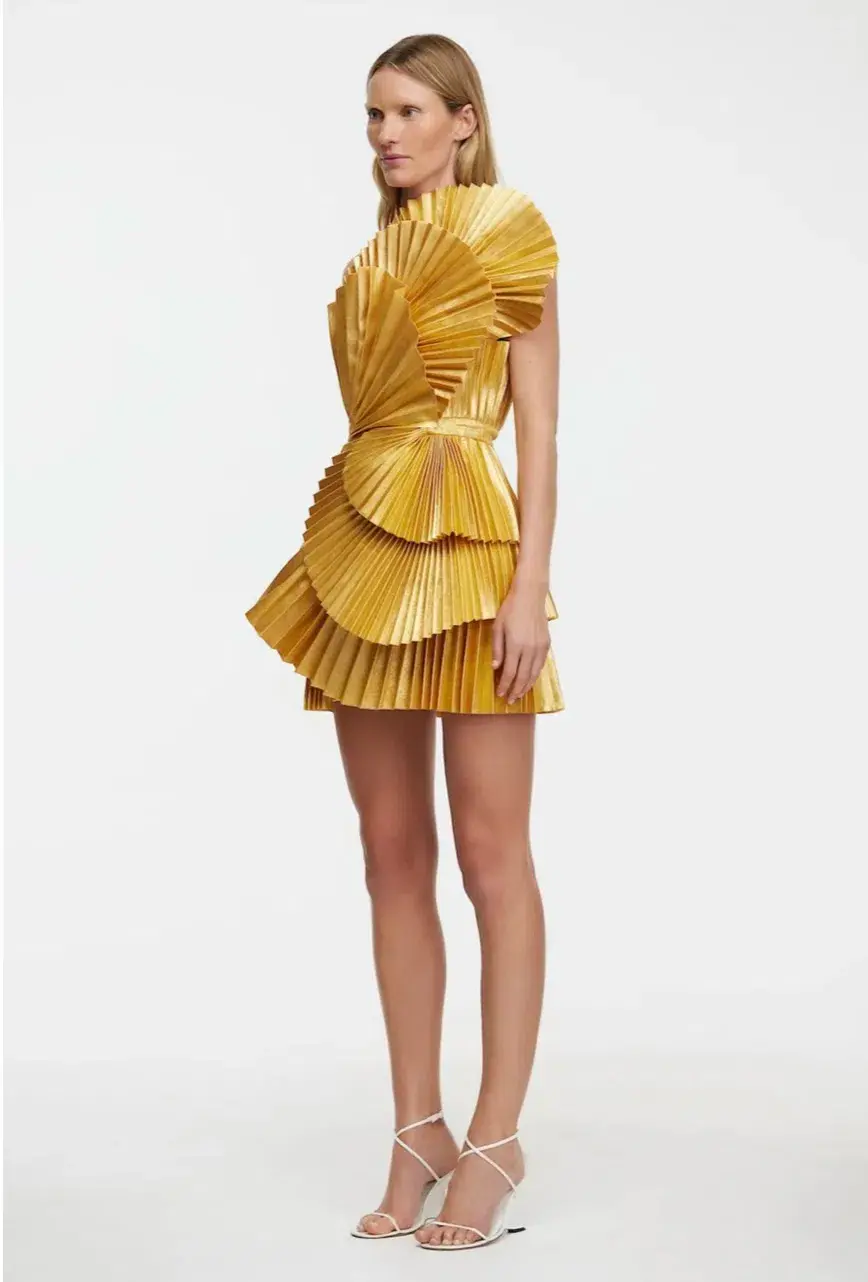 Acler Abbotsford Mini Dress in Honey Gold Metallic Size 12 - Image 2