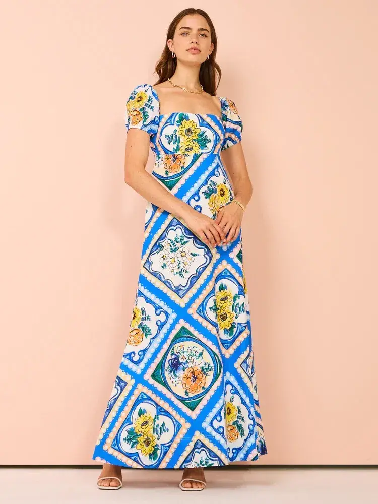 By Nicola Mariposa Puff Sleeve Maxi Dress in Azure Floral Size 8 for rent on The Volte - main image