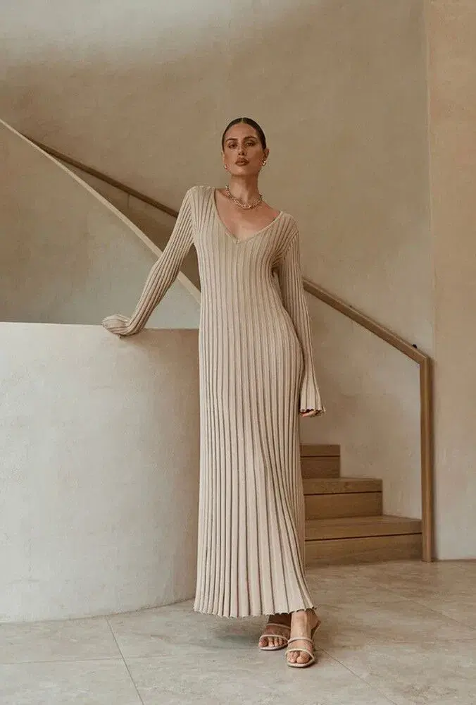 Dissh Reign Sleeved Knit Midi Dress Beige Size AU 12 for rent on The Volte - main image