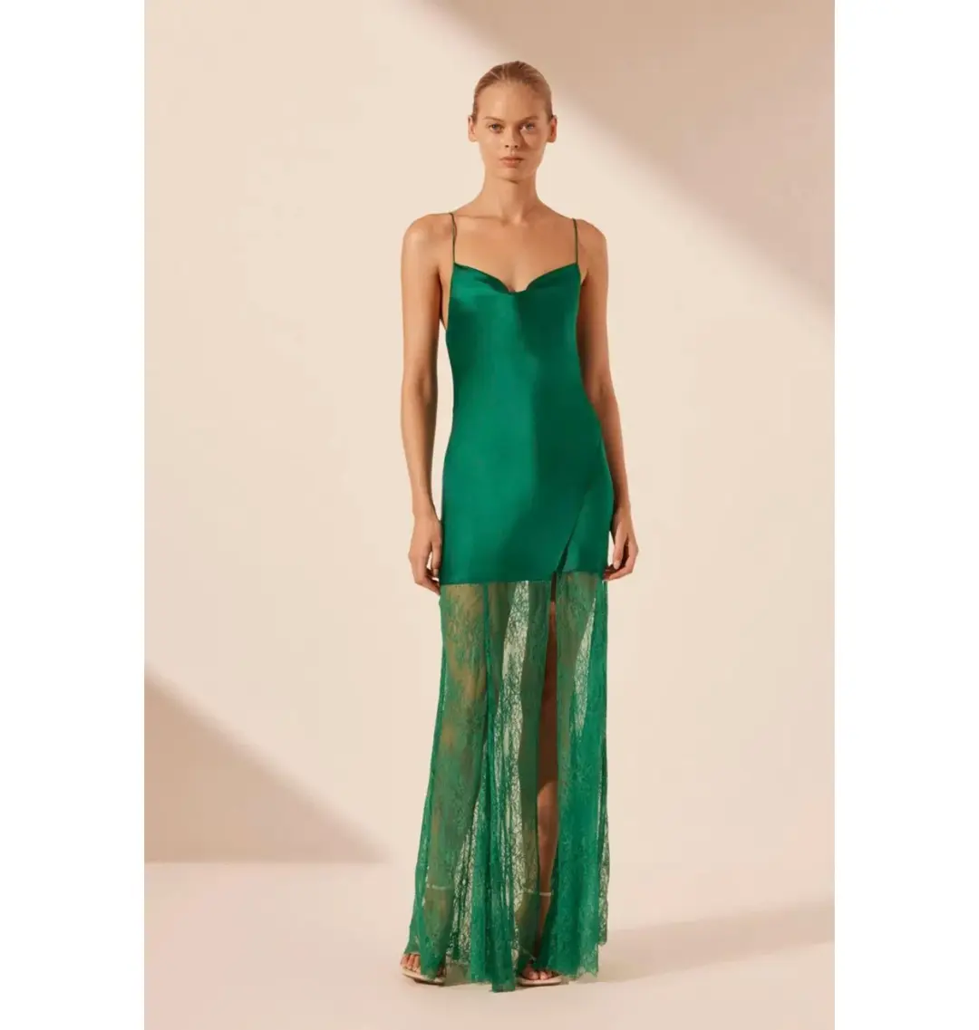Shona Joy Elle Silk Lace Cowl Maxi Dress Emerald Green Size AU 10 for rent on The Volte - main image