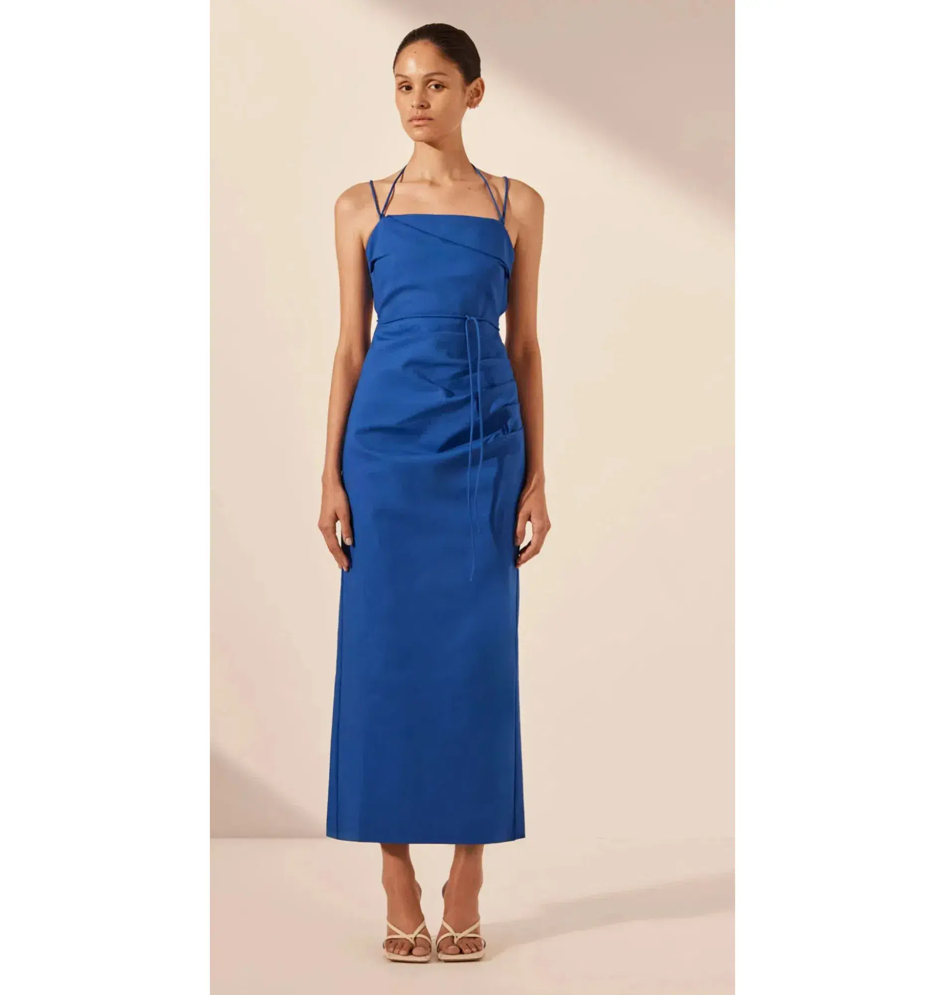 Shona Joy Lani Draped Cross Back Midi Dress Azure Blue Size AU 14  - Image 1