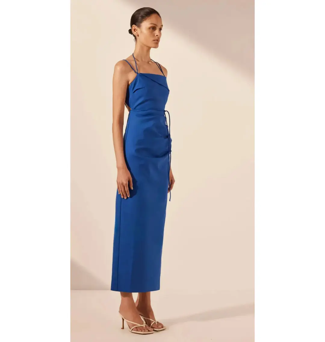 Shona Joy Lani Draped Cross Back Midi Dress Azure Blue Size AU 14  for rent on The Volte - main image