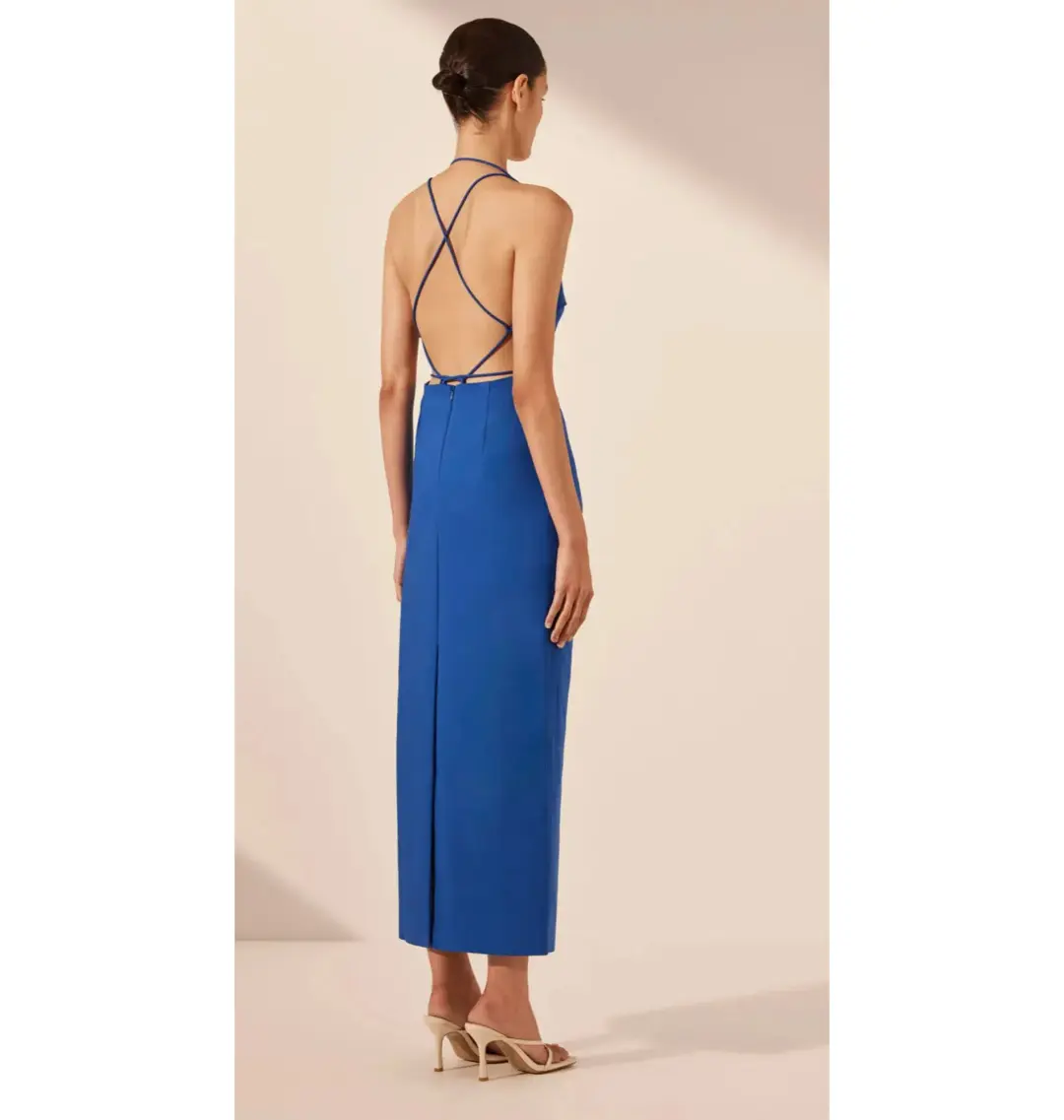 Shona Joy Lani Draped Cross Back Midi Dress Azure Blue Size AU 14  for rent on The Volte - main image