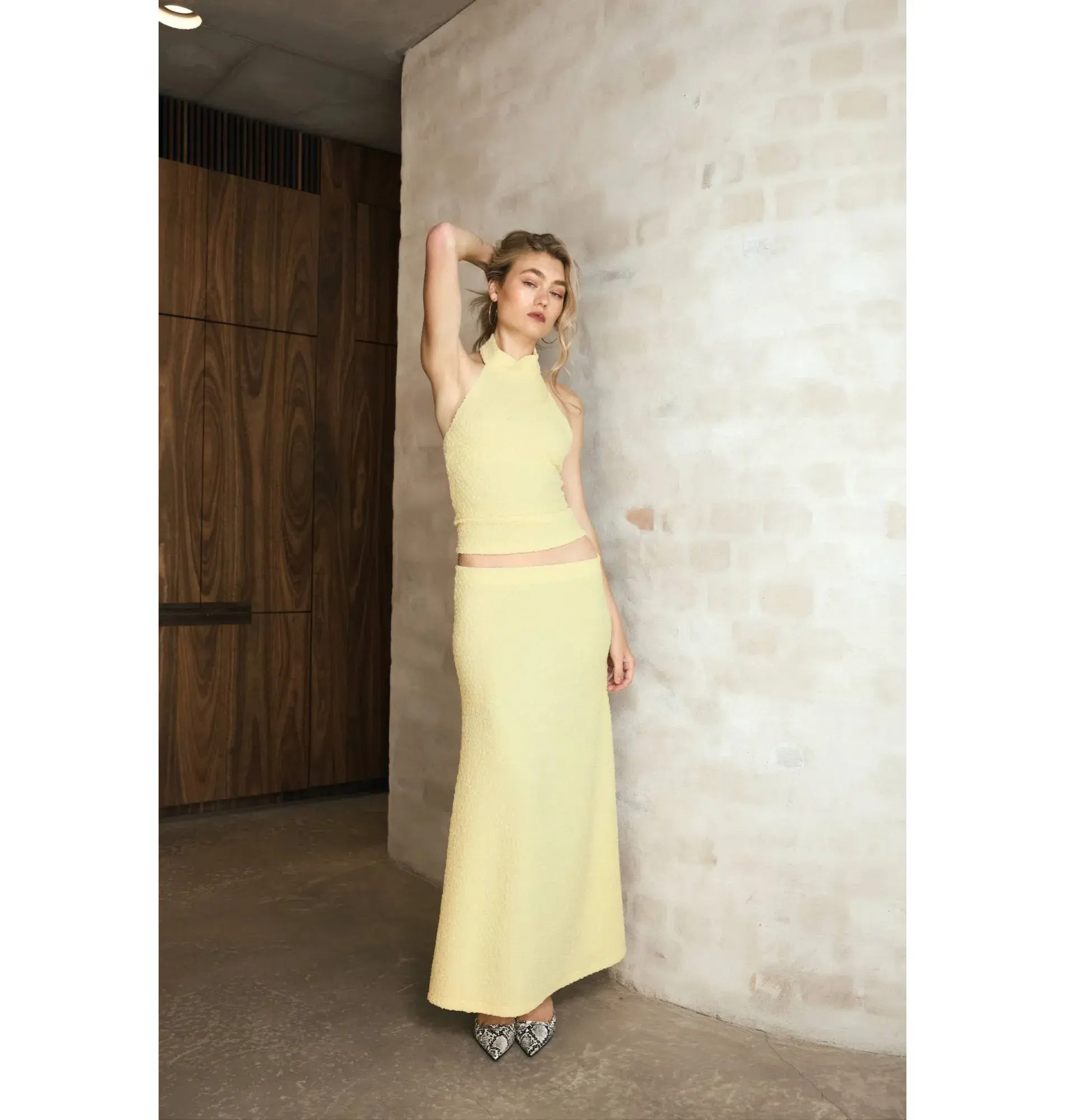 With Harper Lu Textured Halter Top and Maxi Skirt in Limoncello Set Size XS / AU 6 - Image 5